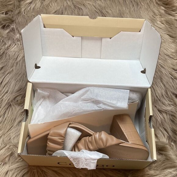 Coutgo Scrunch Stretch Strap Chunky Heeled Slip on Slides Backless Block Sandals - Picture 2 of 9